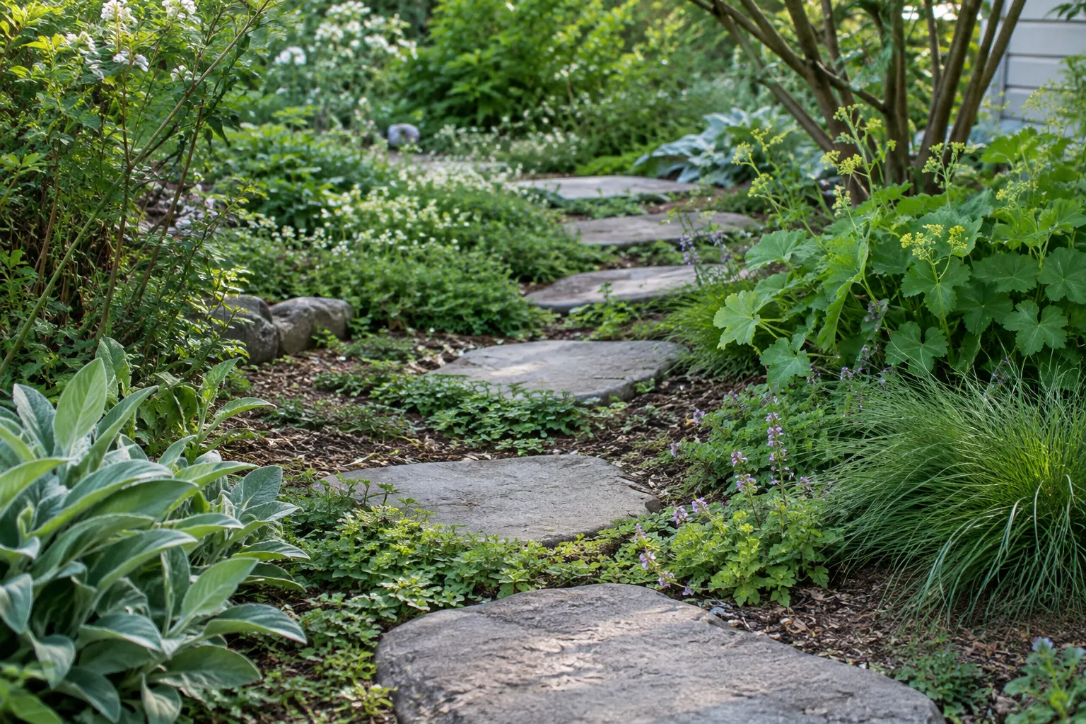Pas japonais espacés dans une allée de jardin, entourés de plantes basses.