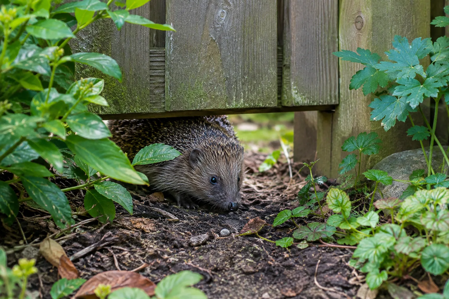 Un hérisson traverse une petite ouverture ménagée au pied d’une clôture de jardin.
