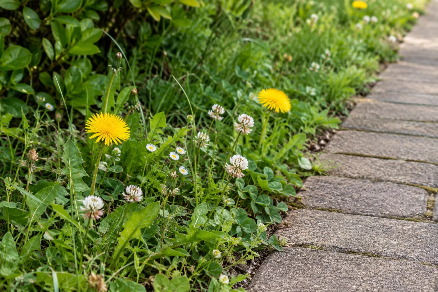 Petites fleurs spontanées qui poussent au bord d’une allée de jardin entretenue.