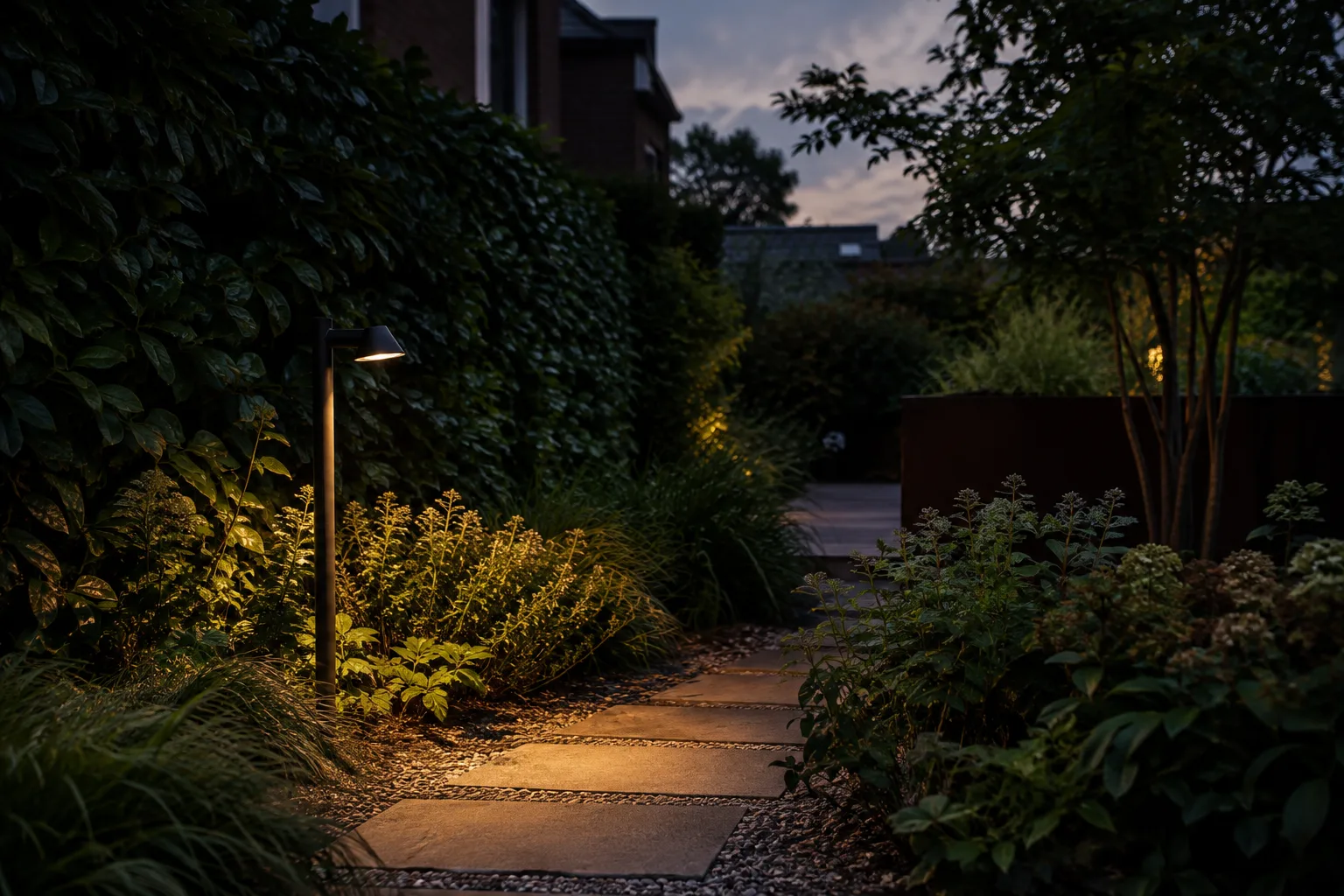 Une lampe extérieure à lumière chaude éclaire un chemin tout en laissant les haies du jardin dans l’ombre.