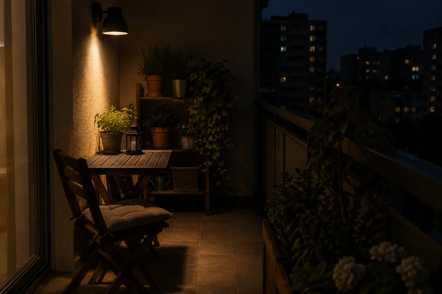 Une lampe munie d’un abat-jour dirige sa lumière vers le sol d’un balcon planté.