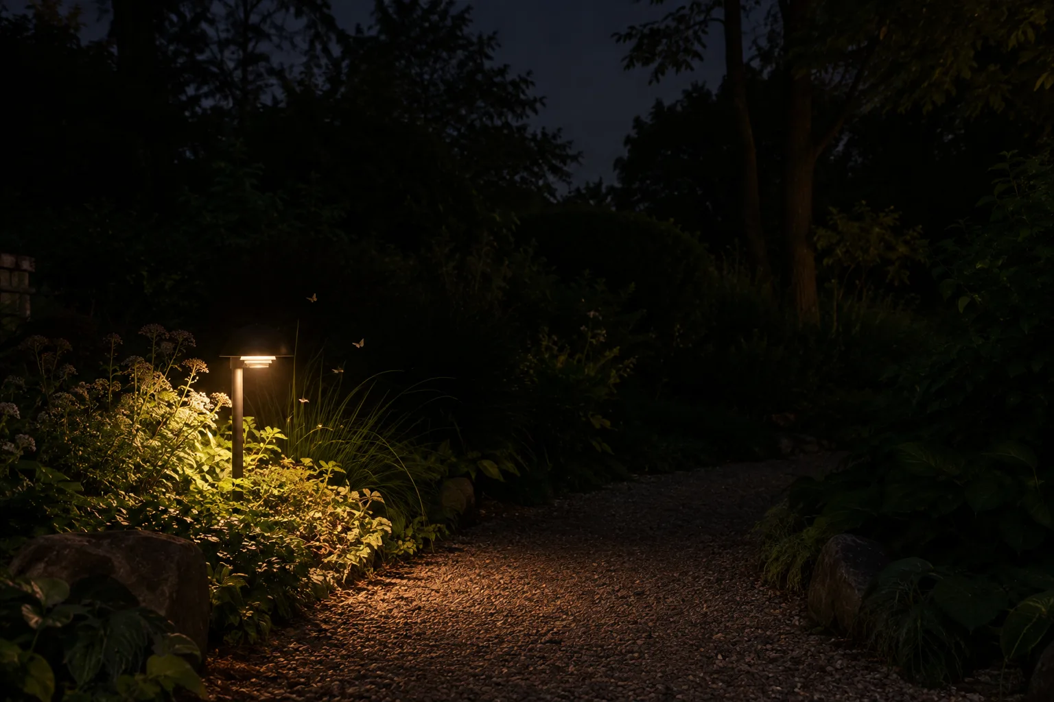 Une lampe extérieure à lumière chaude éclaire un chemin tandis que les plantes alentour restent dans l’obscurité.
