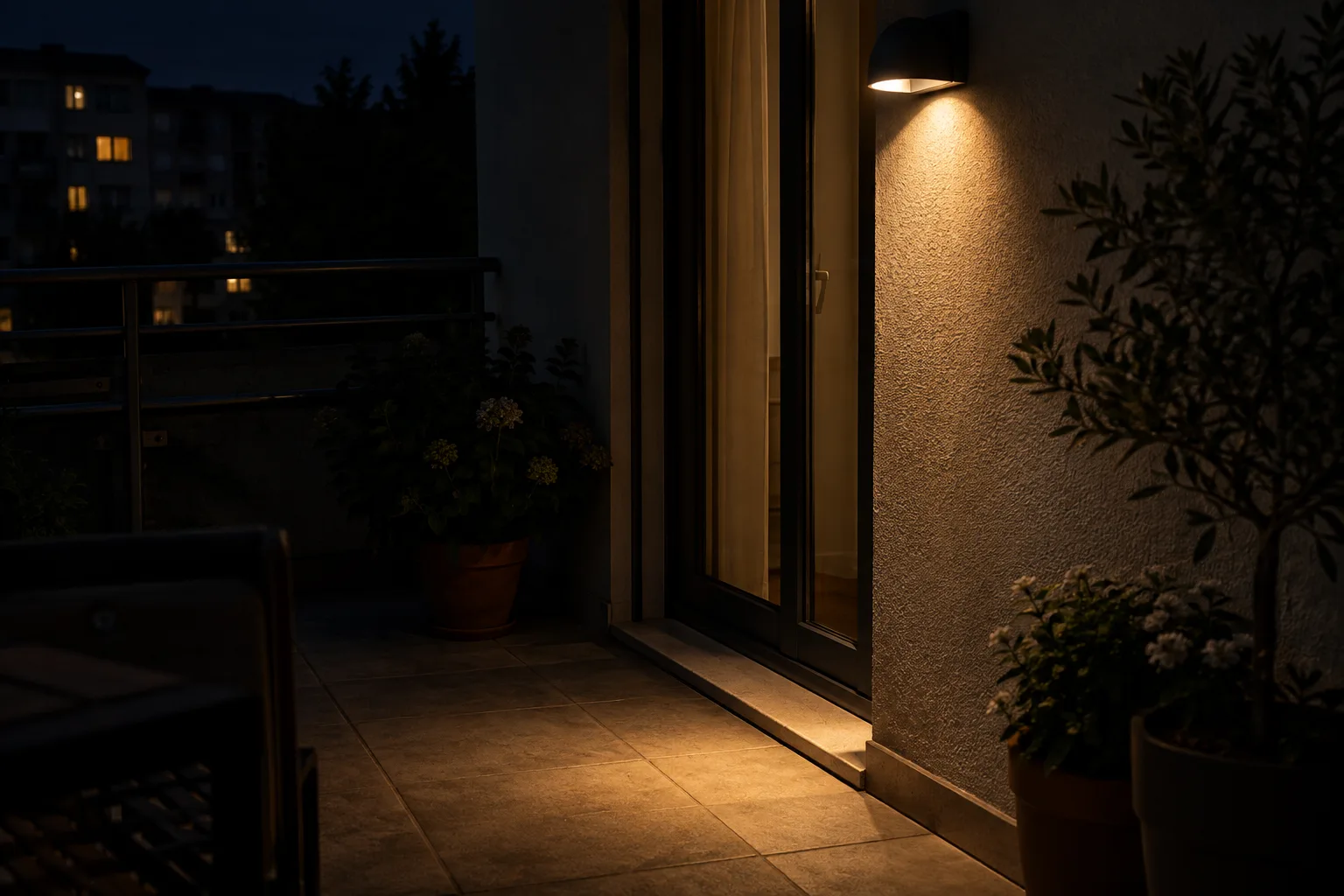 Une applique orientée vers le bas éclaire le seuil d’un balcon sans illuminer les plantes alentour.