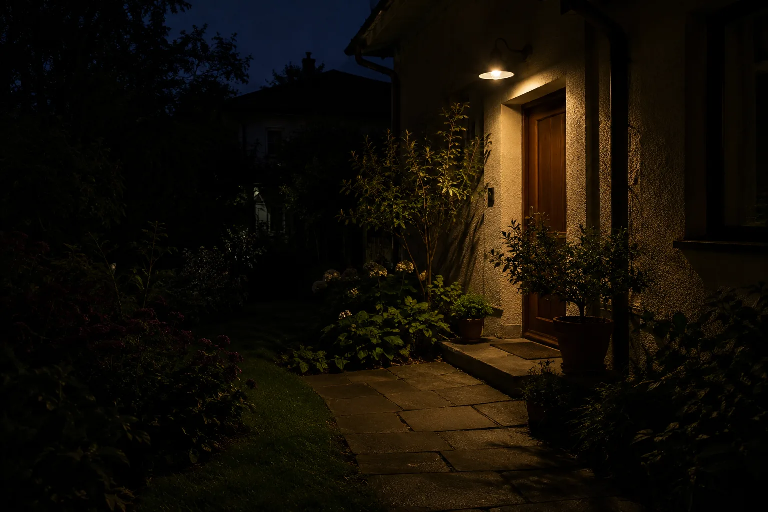 Une lampe extérieure à lumière chaude éclaire une porte et un passage, tandis que le jardin reste sombre.