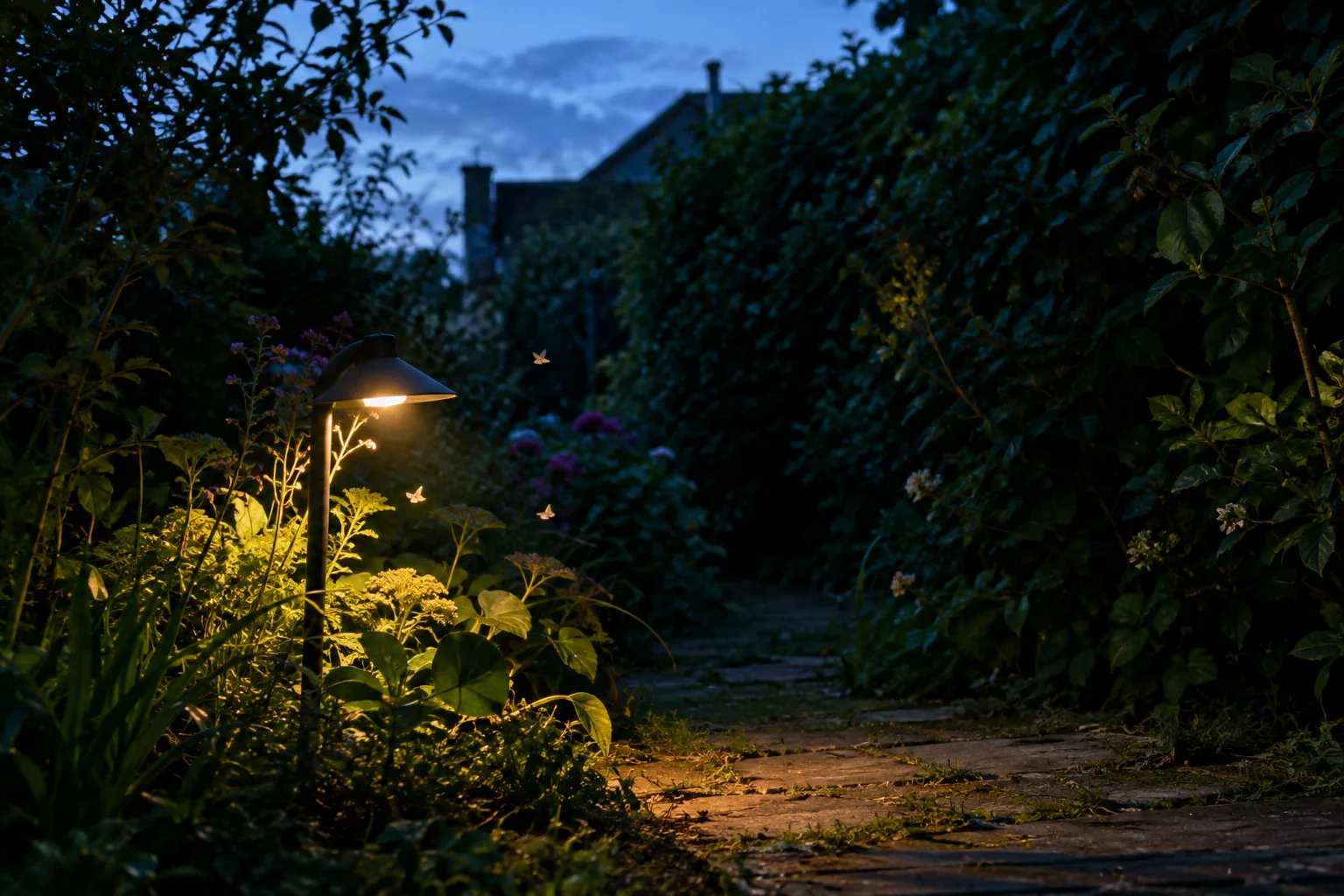 Une lampe extérieure dirigée vers un sentier éclaire le jardin tandis que la haie reste dans l’ombre.