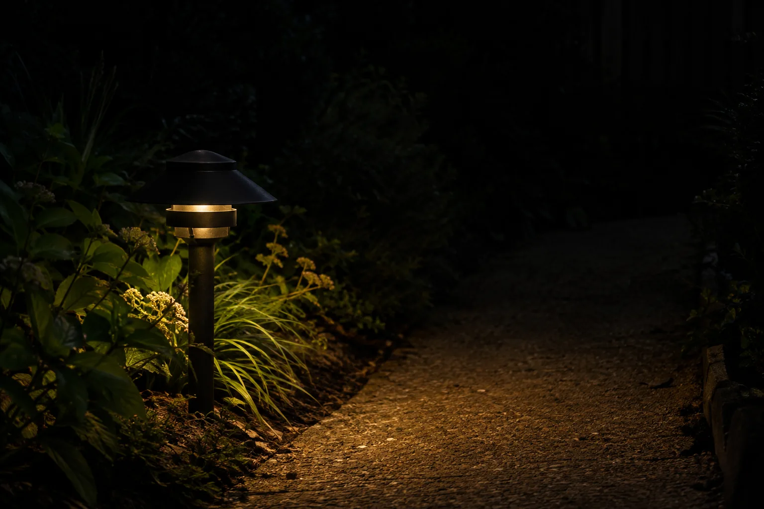 Un luminaire muni d’un abat-jour dirige sa lumière vers un chemin sans éclairer les plantes voisines.