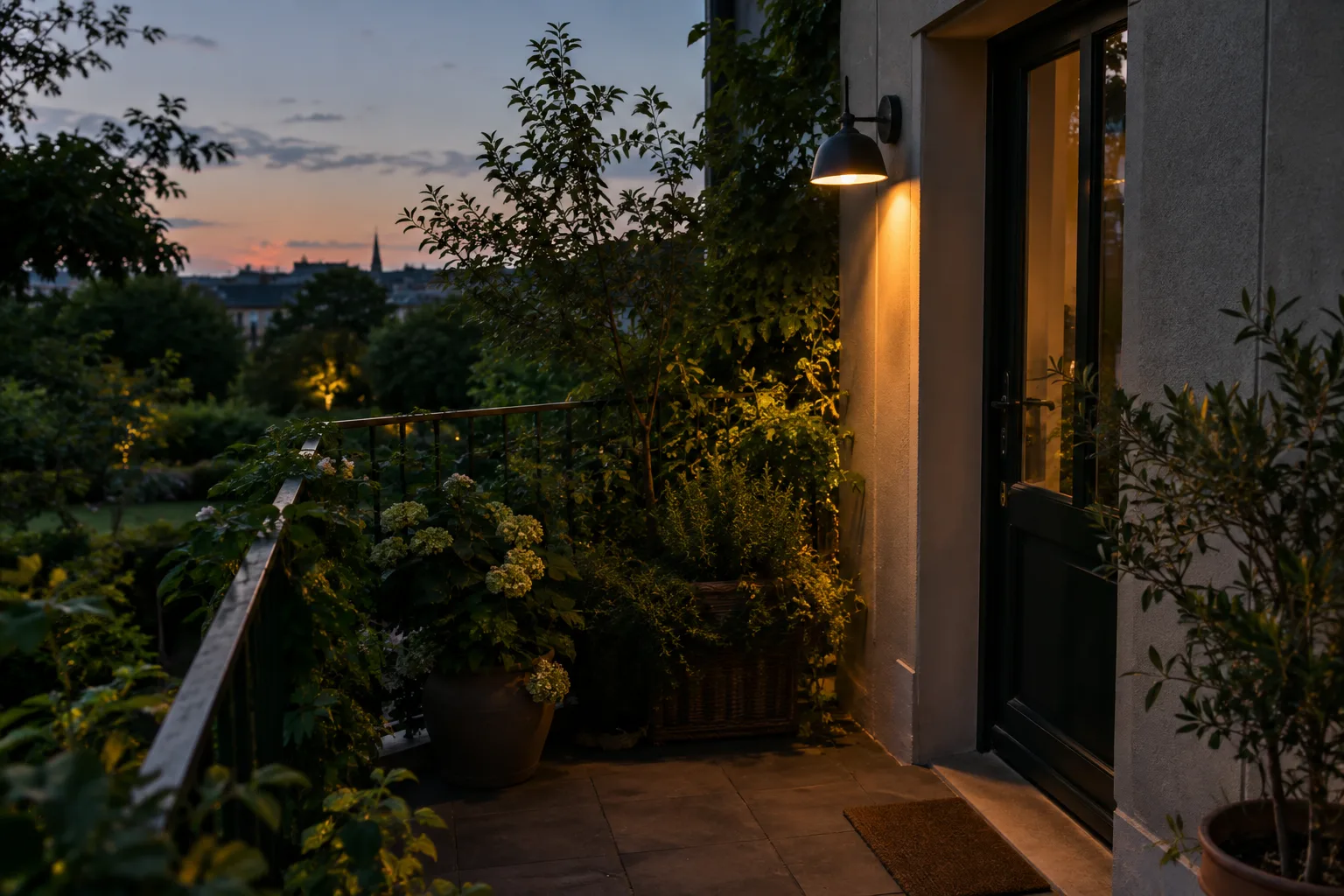 Une petite lampe extérieure orientée vers le sol éclaire un passage près de plantes dans un jardin au crépuscule.