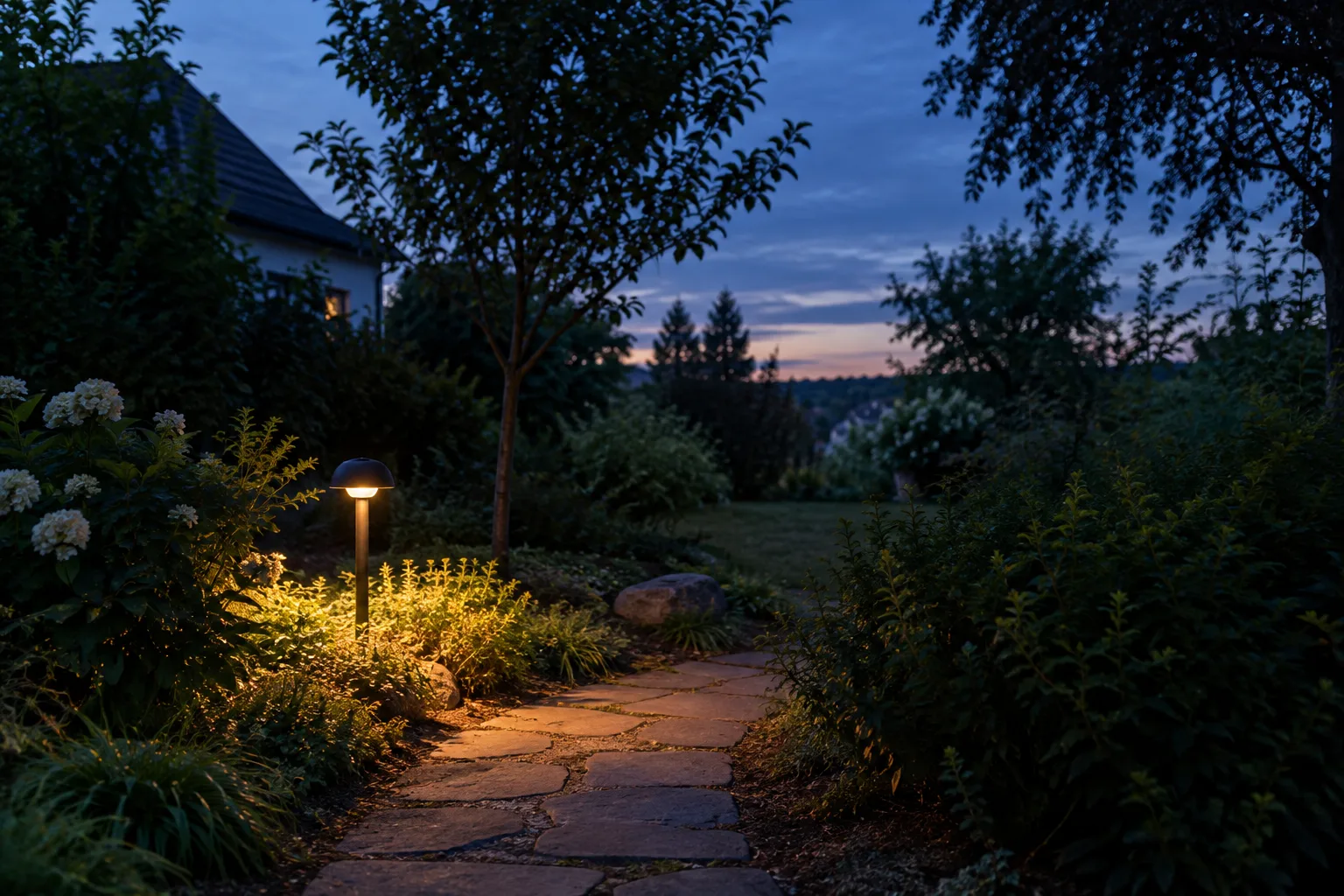 Une lampe extérieure éclaire un chemin de jardin tandis que les massifs restent dans l’obscurité.