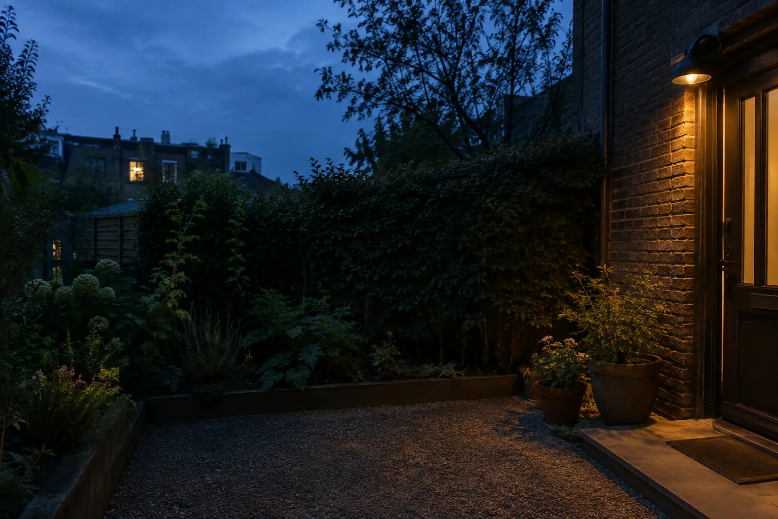 Une lampe extérieure éclaire doucement une entrée tandis que la haie du jardin reste dans l’ombre.