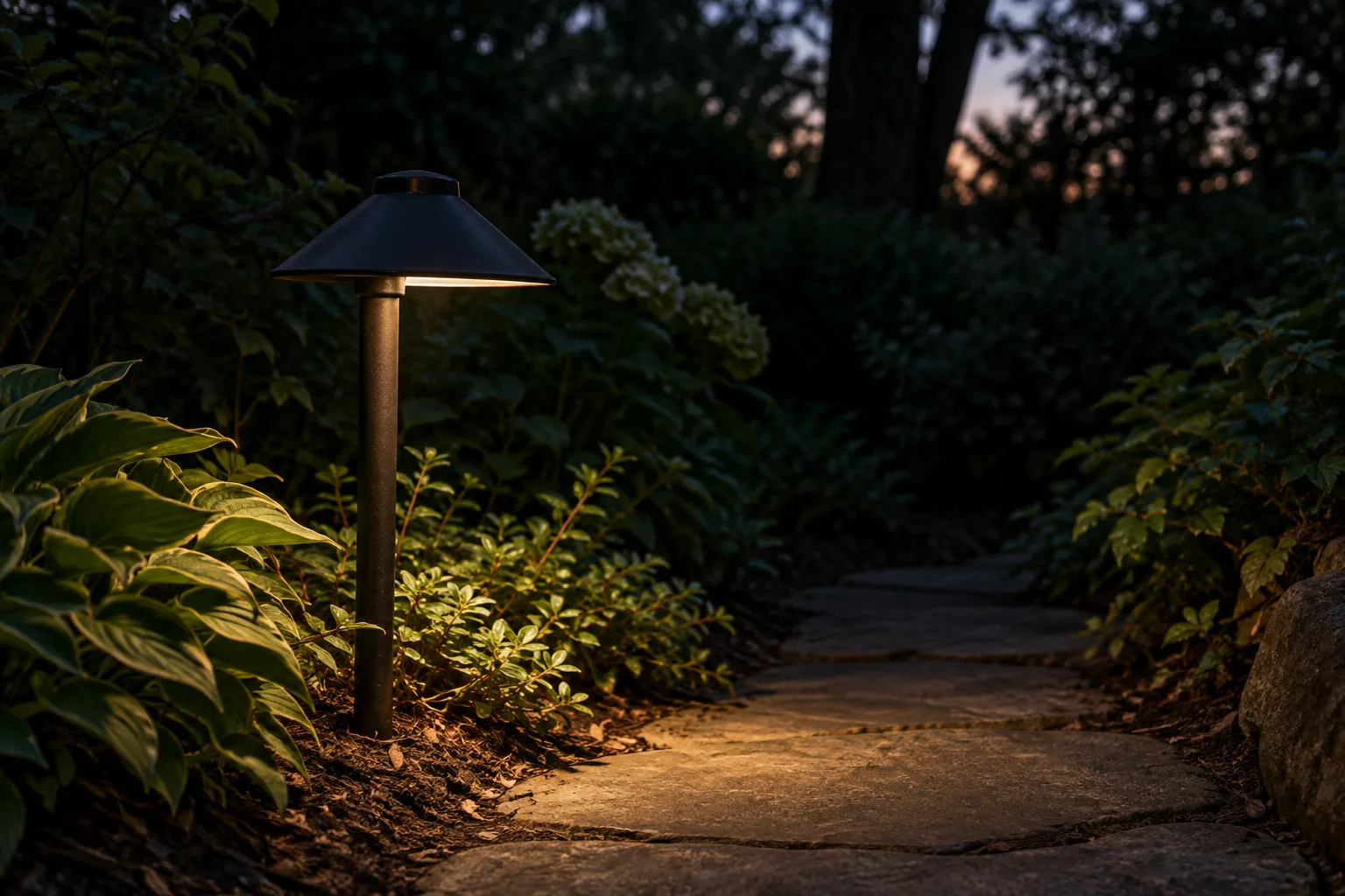 Un luminaire muni d’un abat-jour dirige sa lumière vers un chemin plutôt que vers les plantes.