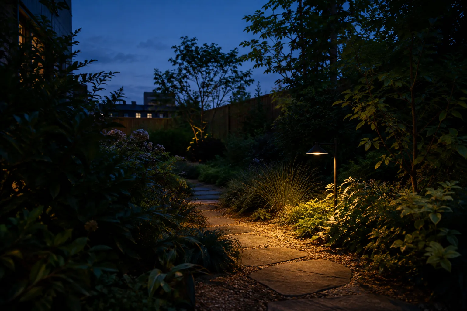 Une lampe extérieure orientée vers le sol éclaire un chemin, tandis que les bordures du jardin restent dans l’ombre.