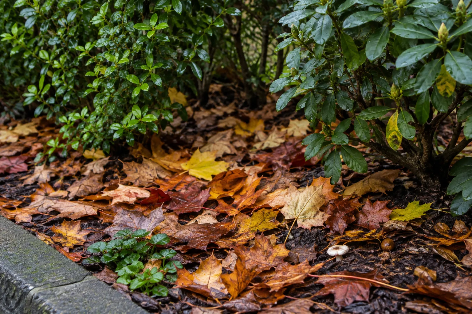 Couche de feuilles mortes au pied d’une haie, sur un sol de jardin.