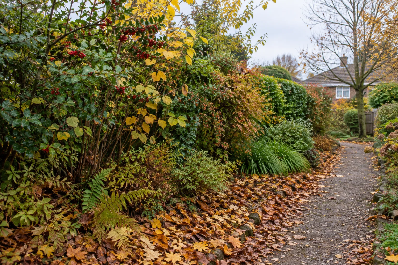 Feuilles d’automne rassemblées au pied d’une haie dans un jardin.