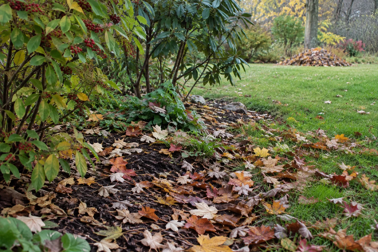 Feuilles mortes au pied d’arbustes et petit tas de feuilles dans un jardin.