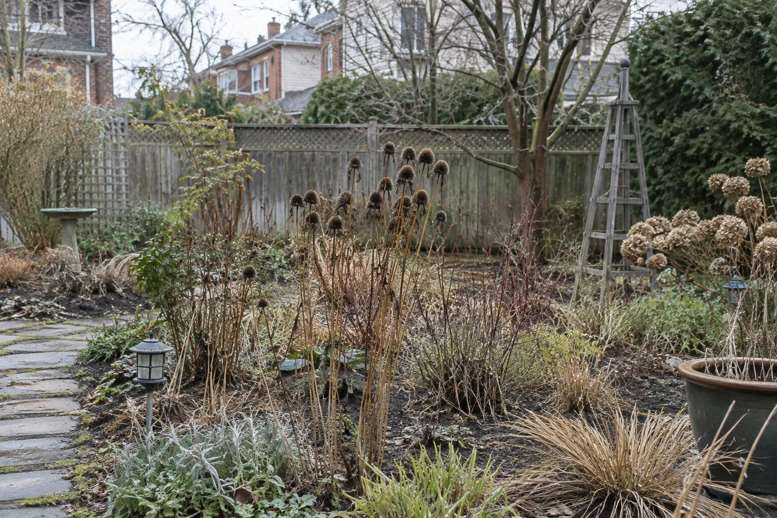 Des tiges sèches de plantes vivaces restent debout dans un jardin en hiver.