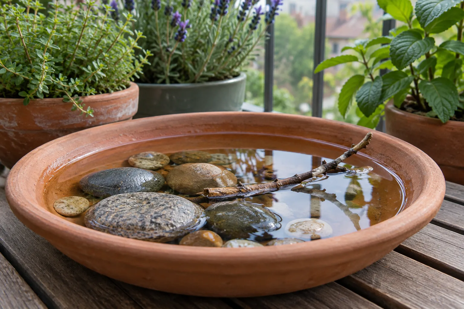 Une soucoupe peu profonde remplie d’eau contient des cailloux et une petite branche.