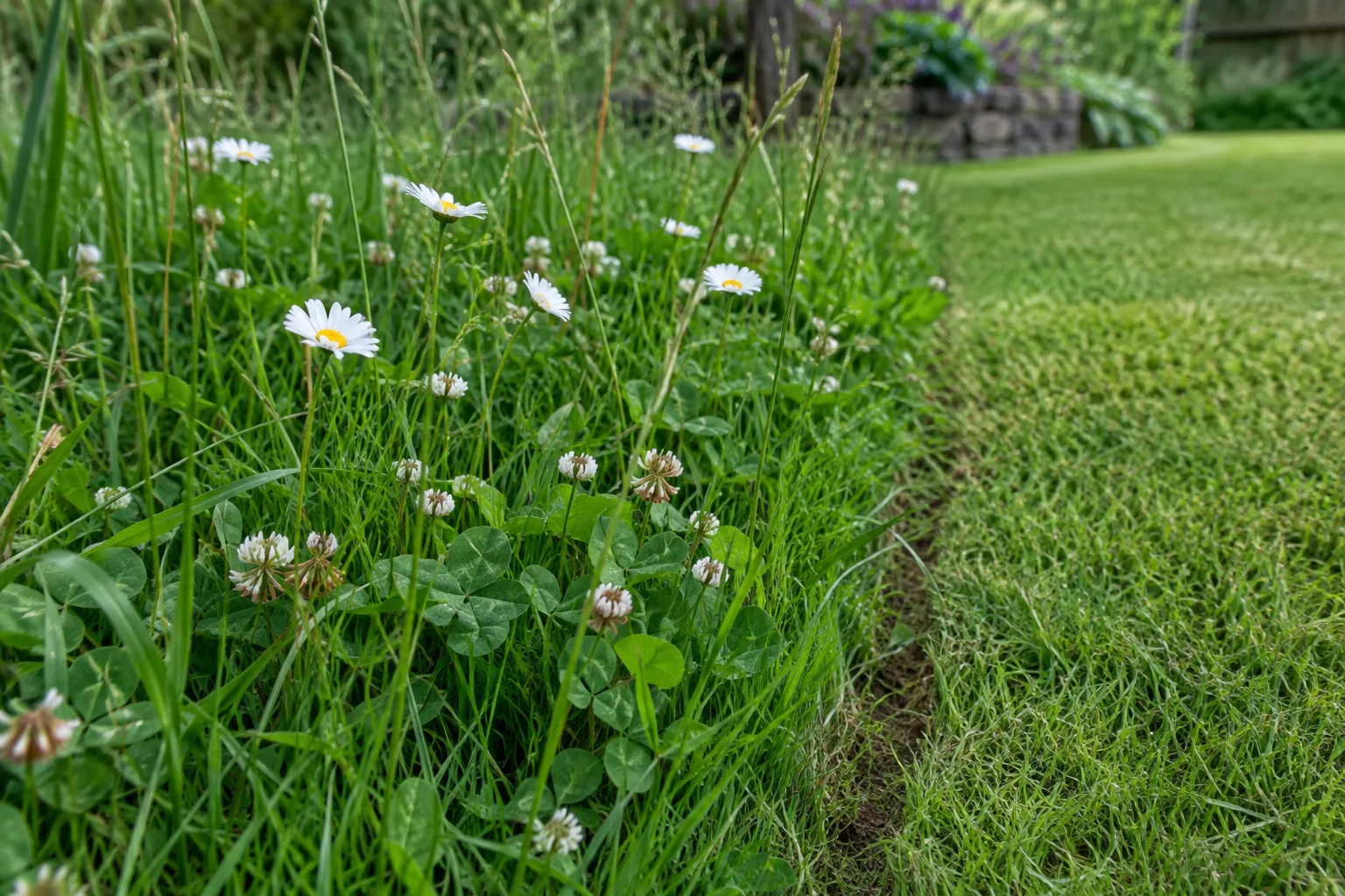 Des herbes hautes, des pâquerettes et du trèfle poussent dans une partie de pelouse laissée moins tondue.