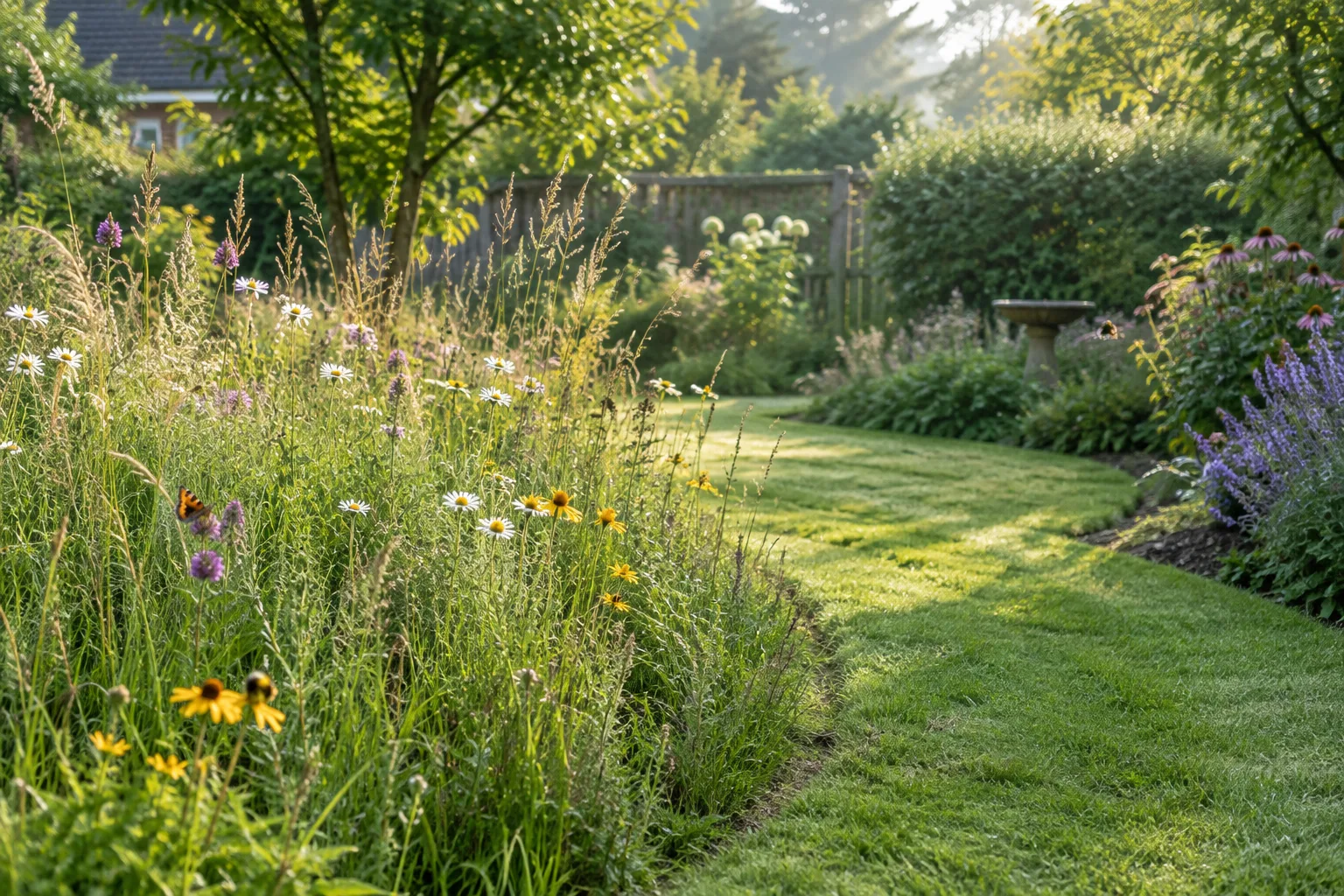 Une zone de pelouse plus haute et fleurie longe un chemin tondu dans un jardin.