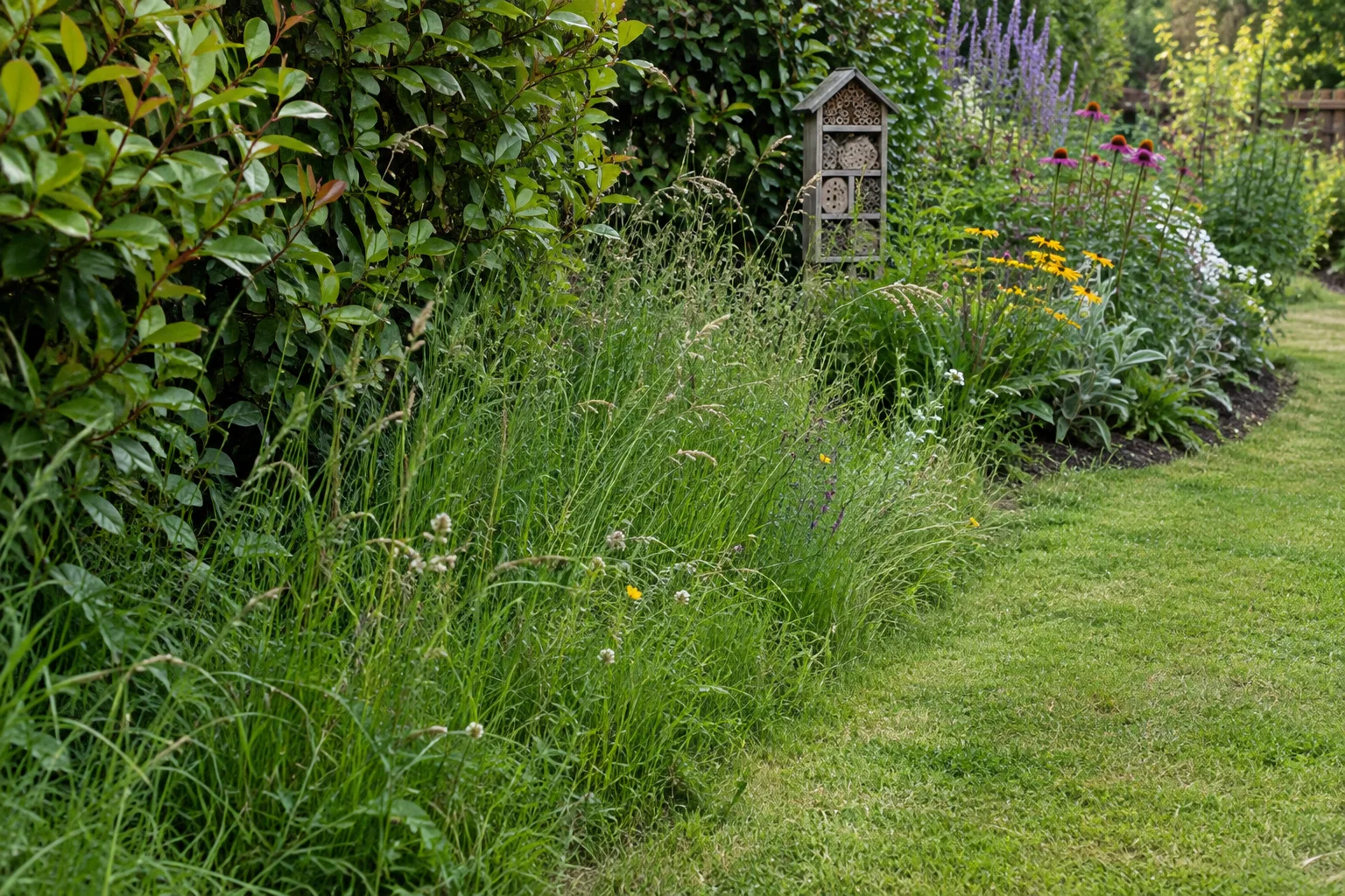 Une bande d’herbe haute relie une haie à un massif fleuri, le long d’un passage tondu.