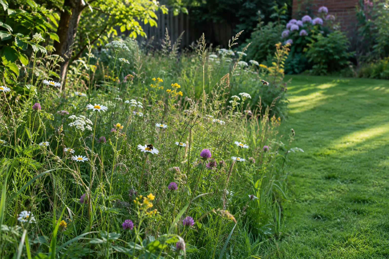 Une bande d’herbe haute et fleurie longe une pelouse entretenue dans un jardin.