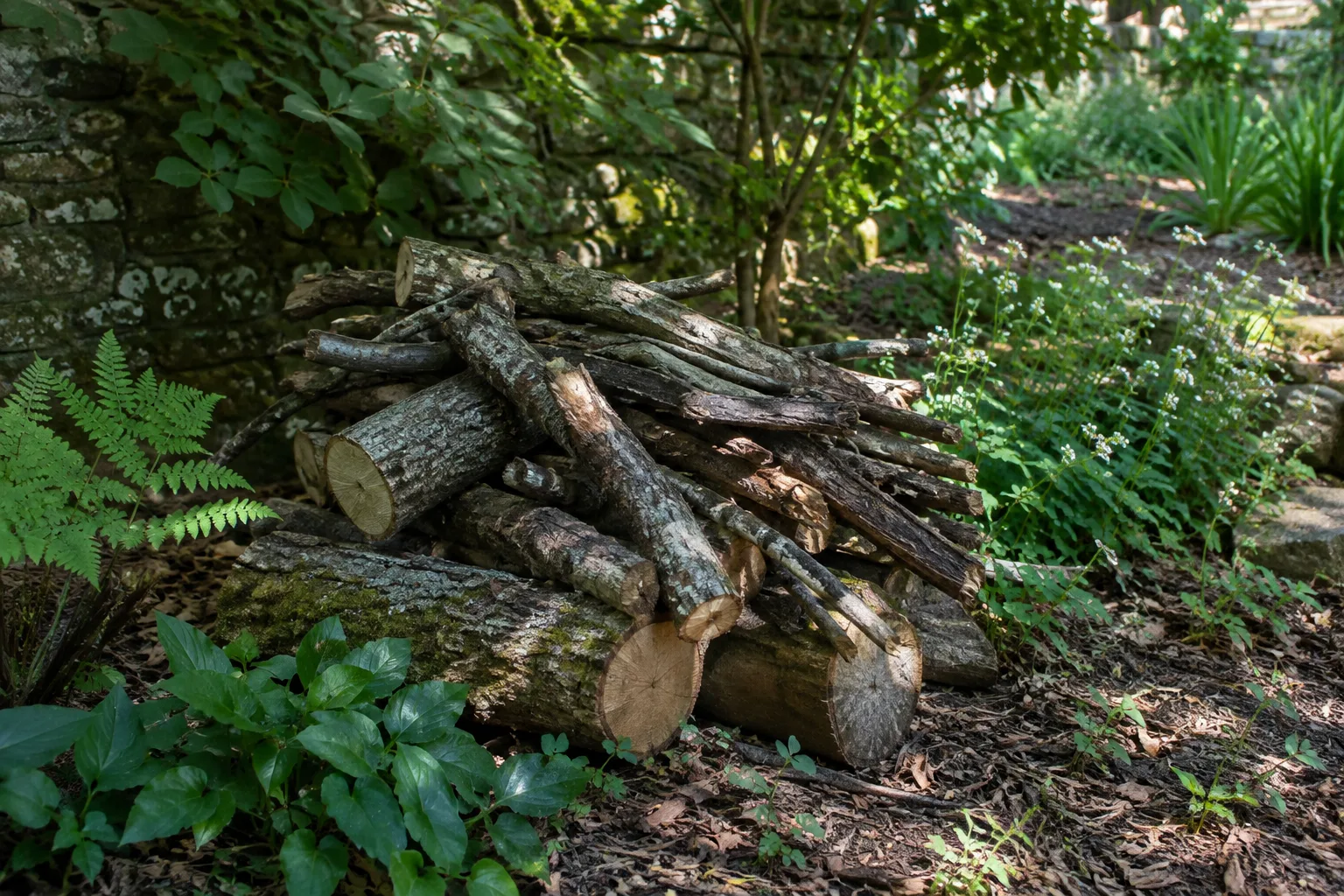 Des branches et des bûches disposées dans un coin ombragé du jardin, près de plantes.