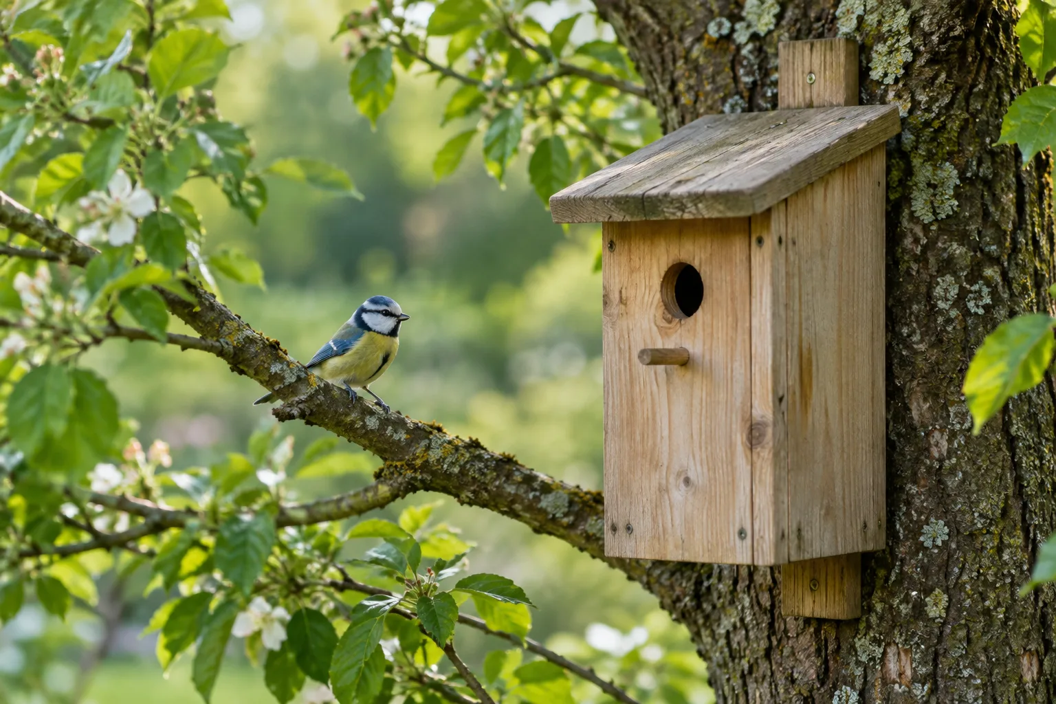 Nichoir en bois fixé à un arbre dans un jardin, avec un petit oiseau posé sur une branche voisine.