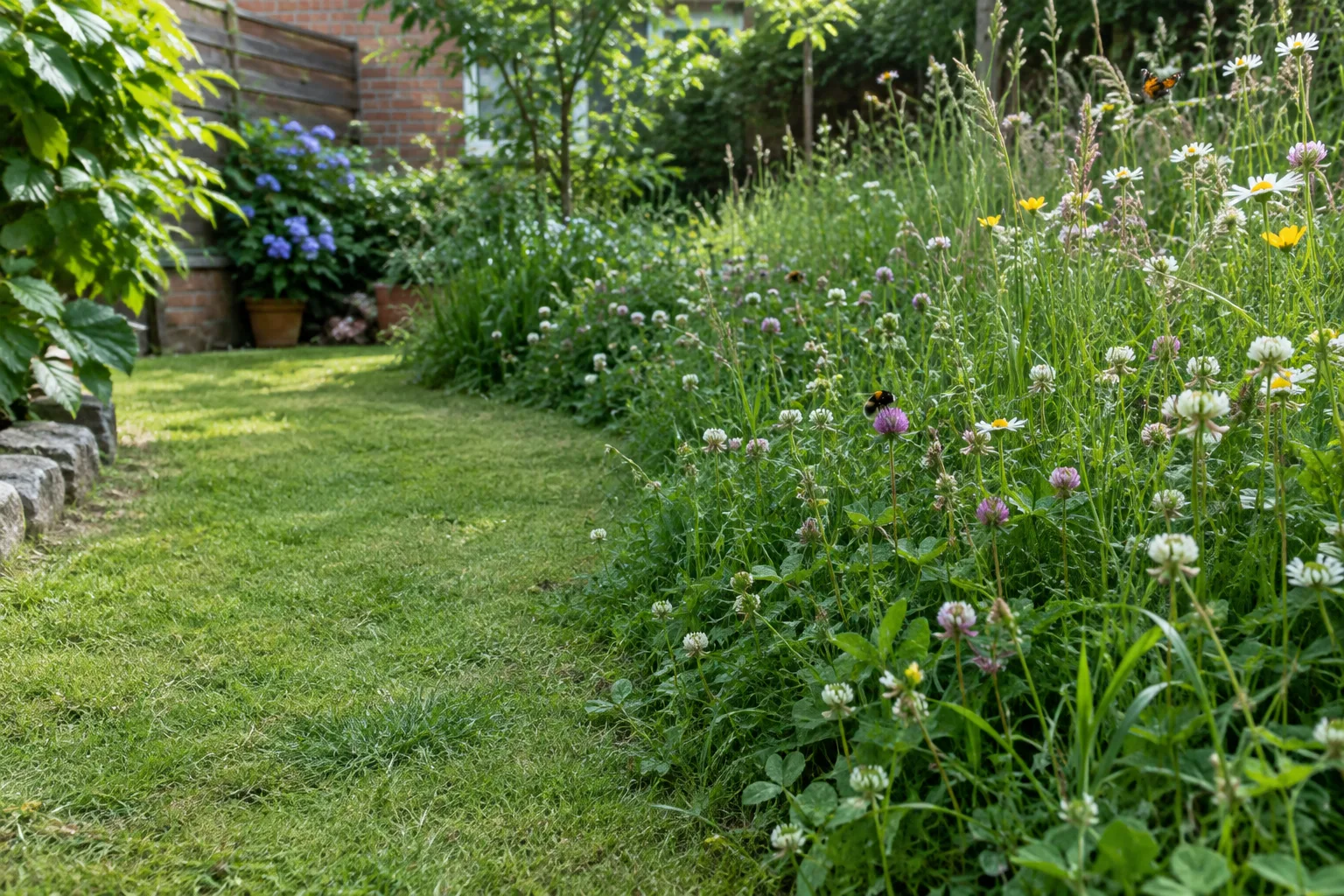 Une bande d’herbe haute et fleurie borde une allée tondue dans un jardin.