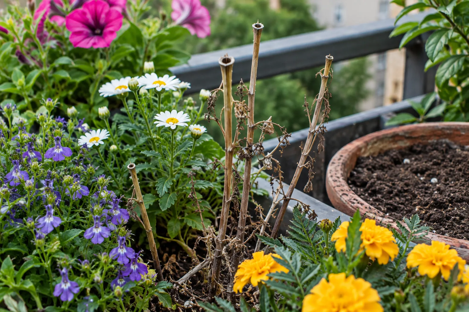 Des tiges sèches et une petite surface de terre nue sont conservées dans des pots sur un balcon.