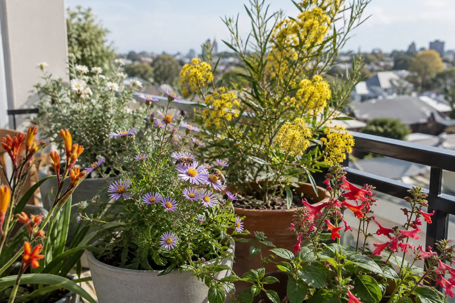 Des plantes fleuries en pots occupent un balcon urbain où un insecte visite une fleur.