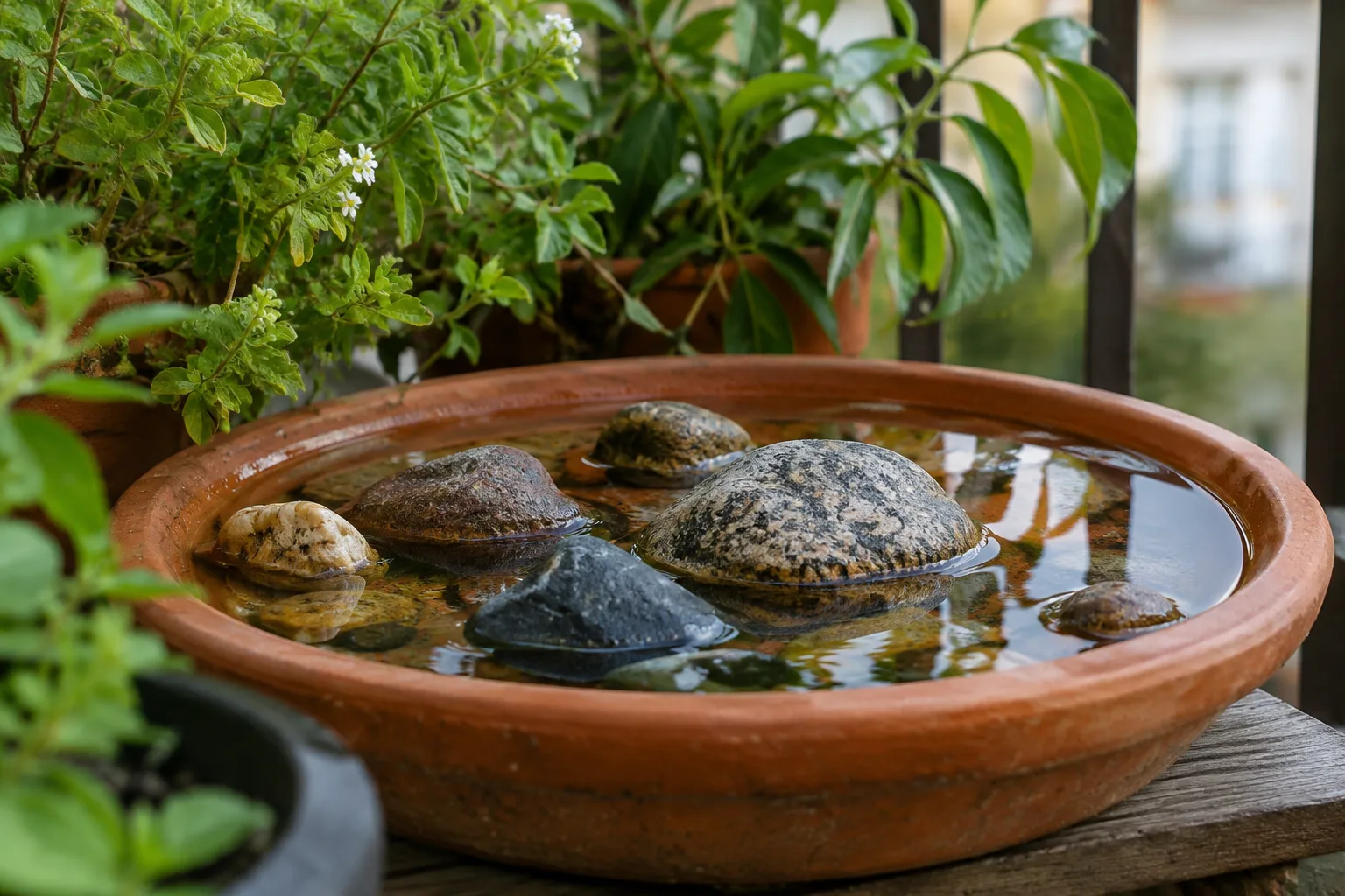 Une soucoupe peu profonde remplie d’eau et garnie de galets sur un balcon végétalisé.