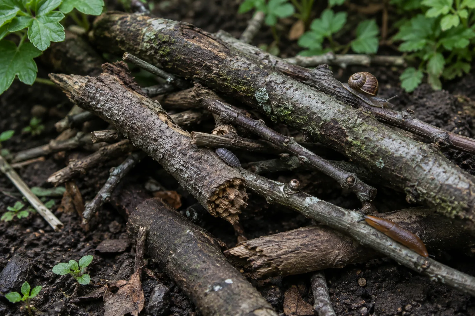 Des branches de tailles variées reposent sur la terre et forment de petits espaces entre elles.