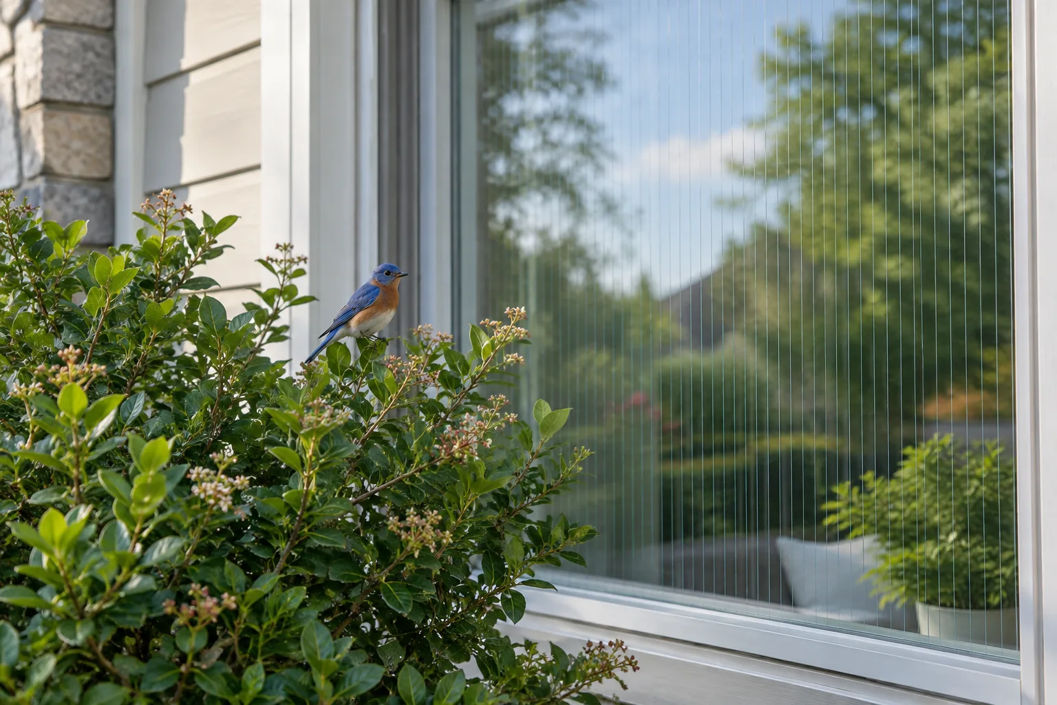 Un petit oiseau posé sur un arbuste près d’une fenêtre munie de motifs visibles sur la face extérieure.